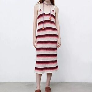 ZARA Striped Knit Midi Dress Red Pink Combo Limited Edition Sz Small